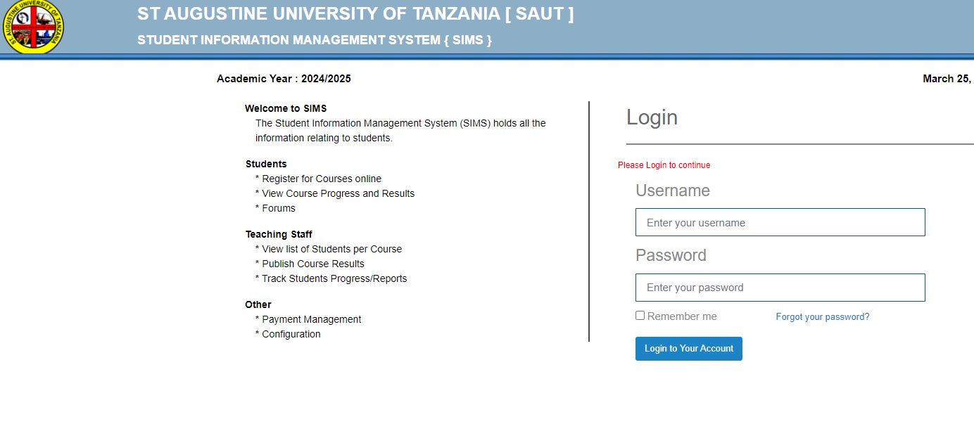 SAUT SIMS Login View Results & Register Courses